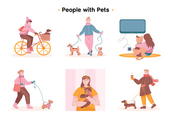 Pets with their owners in different scenes. Women spend time with their pets. A young girl on a bicycle carries a puppy in a basket. A woman sits on the floor with a cat and watches TV.