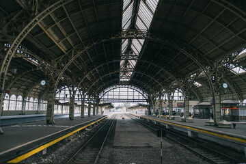 Train platform under the central nave at Vitebsk Railway Station. The oldest railway station in Saint Petersburg and Russia.