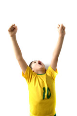 Brazilian boy, soccer player and fan, celebrates making a gesture with his hands over white background.  Sports fan cherring.
