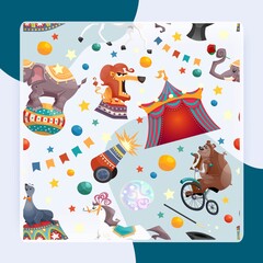 Circus performance seamless pattern with animals tent and decoration vector illustration