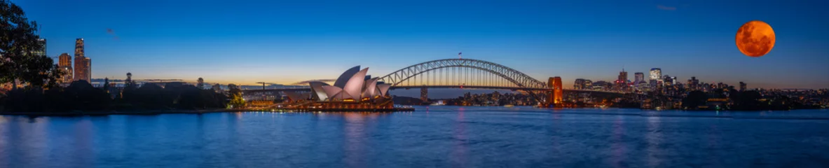 Foto op Canvas Panoramic night view of Sydney Harbour a full blood moon night and CBD buildings on the foreshore in NSW Australia © Elias Bitar