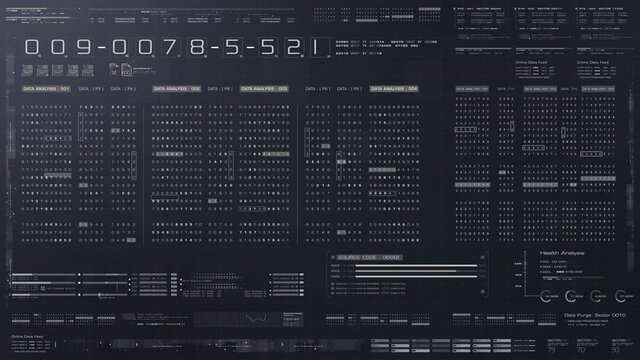 Futuristic source code encrypted big data algorithm telemetry motion graphic display screen with user interface display for digital background