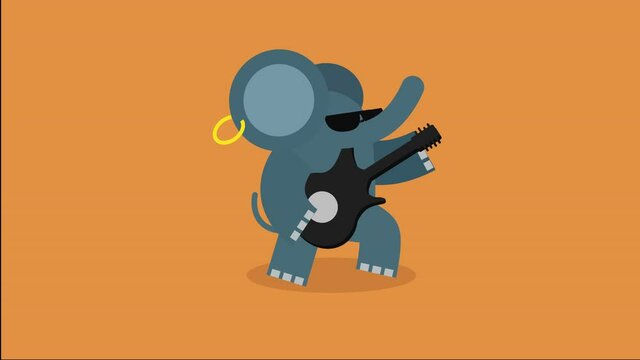 Funny cartoon elephant playing guitar. animation of cute elephant playing music isolated. cool elephant playing electric guitar seamless loop. Creative kawaii character design and animation full hd an