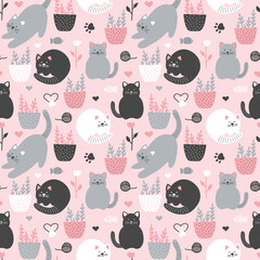 Cute seamless vector background with funny cats and flowers in cartoon style, with flower pots