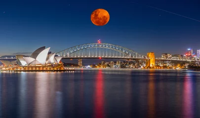 Gardinen Panoramic night view of Sydney Harbour a full blood moon night and CBD buildings on the foreshore in NSW Australia © Elias Bitar
