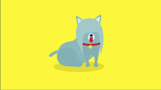 Cute cartoon dog animation loop. 2d flat dog character organic animation for children clips. funny dog isolated on yellow background. cute puppy seamless loop 4k