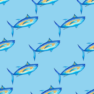 Seamless patterns Hand painted watercolor illustration of sea fish - tuna on a blue background. Sea food, fishing. For printing on fabric, menu design.