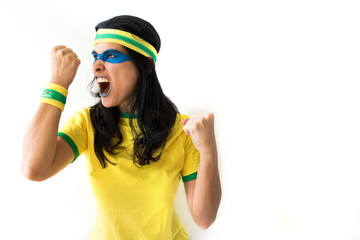 Sport fan Cherring. Beautiful brunette girl in yellow uniform. Woman celebrates sports and game over white background.