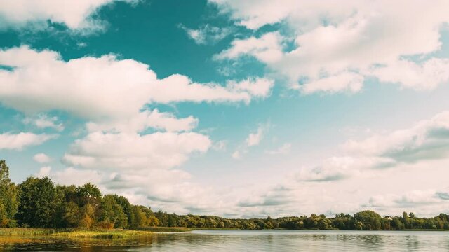 Lyepyel District, Vitebsk Province, Belarus. Summer Cloudy Sky Above Lepel Lake. Time lapse. 4K.