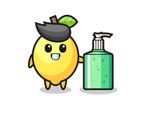 cute lemon cartoon with hand sanitizer