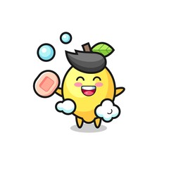 lemon character is bathing while holding soap