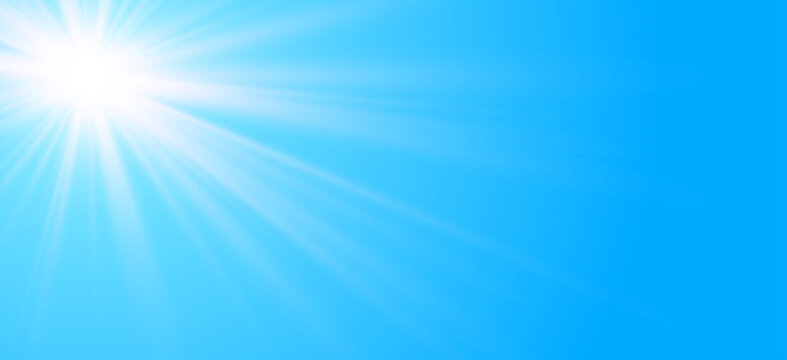 Sun in the blue cloudless sky. Clear blue sky with shining sun. Natural panoramic with bright sunlight background. Summer, spring background. Vector illustration with copy space