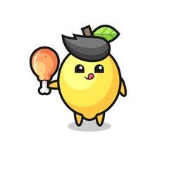 Obraz premium lemon cute mascot is eating a fried chicken