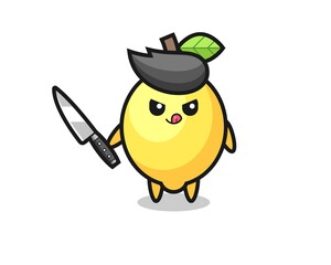 cute lemon mascot as a psychopath holding a knife