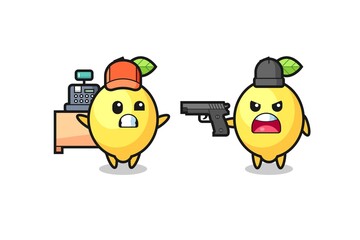 illustration of the cute lemon as a cashier is pointed a gun by a robber