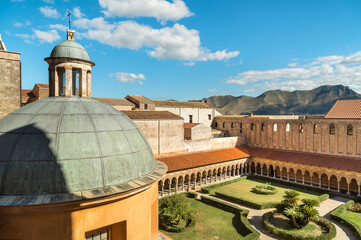 Top view of Garden of Benedictine Cloister beside the Cathedral of Monreale, province of Palermo,...