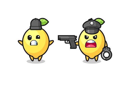illustration of lemon robber with hands up pose caught by police