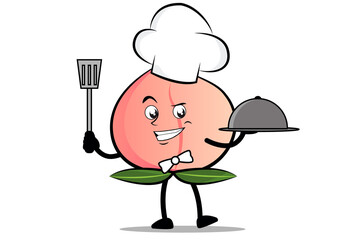Peach Cartoon mascot or character as a chef holding the spatula and serving plate