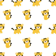 Seamless pattern with cute cartoon tigers