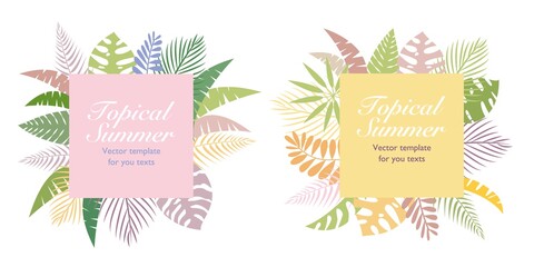  Tropical summer concept. Square vector template with decorative tropical plants. card, frame, invitation and template for summer design. Tropical illustration. Vector illustration.