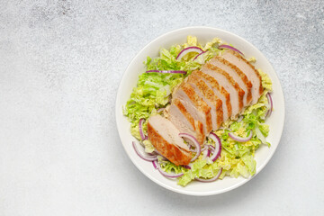Chicken fillet grill with lettuce of green cabbage and red onions in a plate on the table. Top view