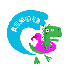 Cute dinosaur in flamingo swimming ring. Summer