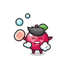 apple character is bathing while holding soap