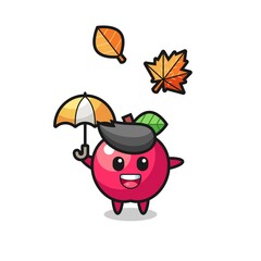 cartoon of the cute apple holding an umbrella in autumn