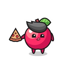 cute apple cartoon eating pizza
