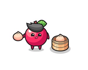 cute apple character eating steamed buns