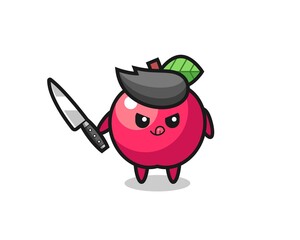 cute apple mascot as a psychopath holding a knife