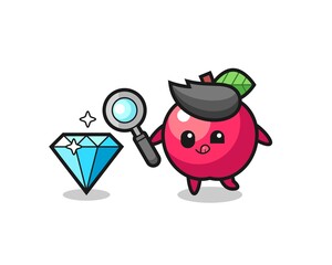 apple mascot is checking the authenticity of a diamond