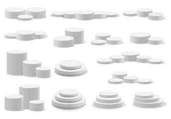 Set of realistic 3d white podium isolated on white background.Realistic round scene.Pedestal,platform,cylinder,stand stage.Vector.Minimalist modern abstract geometric mockup podium display