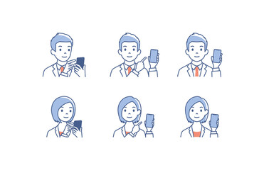 Fototapeta premium Set of avatars. Characters of business men and women. holding smartphone. Isolated on white background. Vector illustration in flat style. 
