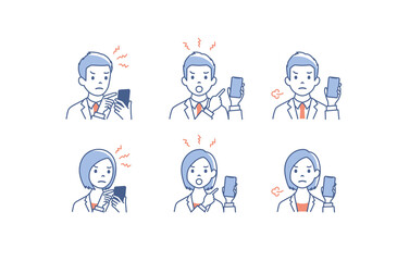 Set of avatars. Characters of business men and women. holding smartphone with angry face. Isolated on white background. Vector illustration in flat style.	