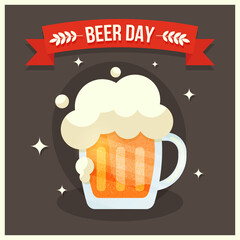 Beer Day banner. A postcard with a beer mug, with an alcoholic drink on a dark background. Greeting card design, Happy Beer day. Modern illustration, logo for the bar - obrazy, fototapety, plakaty