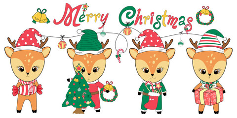 Obraz na płótnie Canvas merry christmas with little deer Designed in doodle style, it can be adapted to various applications such as backgrounds, invitation cards, greetings, digital print, t-shirt design, sticker, craft 