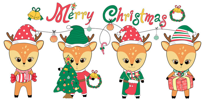 merry christmas with little deer Designed in doodle style, it can be adapted to various applications such as backgrounds, invitation cards, greetings, digital print,  t-shirt design, sticker, craft  