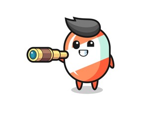 cute candy character is holding an old telescope