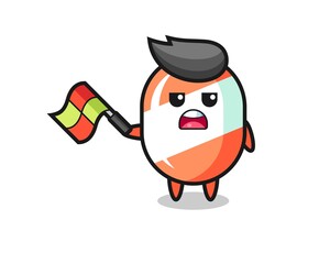 candy cartoon as the line judge hold the flag up at a 45 degree angle