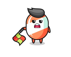 candy character as line judge hold the flag down at a 45 degree angle