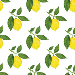Watercolor seamless pattern with lemons. Creative summer print with fruit for any purposes.	