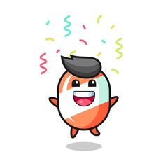 happy candy mascot jumping for congratulation with colour confetti