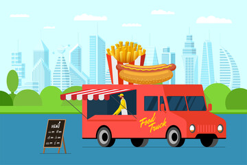 Fast food red truck with baker outdoor city park. Hot dog and french fries on van roof. Fried crispy potato and bun with sausage car delivery service or festival on street cuisine wheels vector