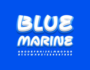 Vector creative template Blue Marine with Alphabet Letters and Numbers. Handwritten bright Font