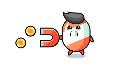 the character of candy hold a magnet to catch the gold coins