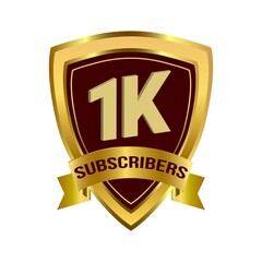 1K Subscriber celebration badge with golden gradient ribbon and dark color shade vector illustration on a white background, 1K subscriber celebration with golden subscriber badge.