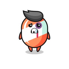 injured candy character with a bruised face