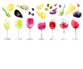 Watercolor abstract red and white wine glasses and snack illustration