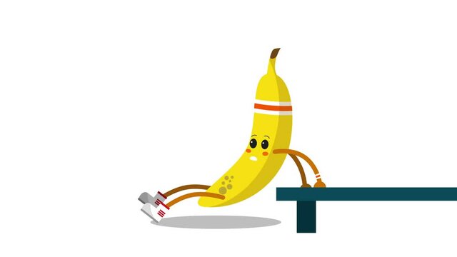 Cute banana doing reverse push up. Funny banana cartoon character workout. Adorable kawaii banana animation loop with Alpha channel. exercising healthy fitness lifestyle. Healthy food concept